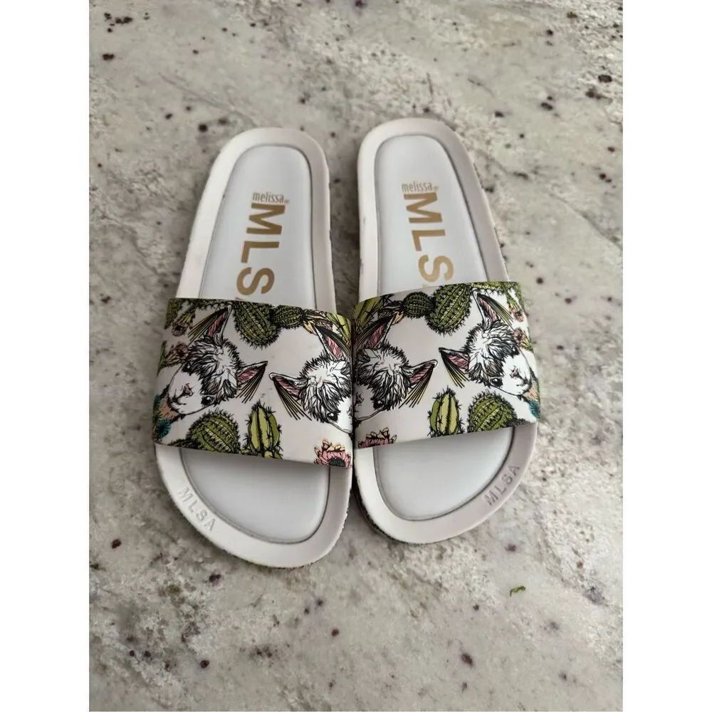 Melissa White Llama & Cactus Print Beach Slide Sandals sz 9 EUC